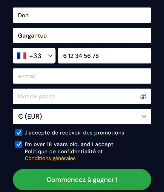 Formulaire d'inscription Europe777 en euros pour commencer à gagner